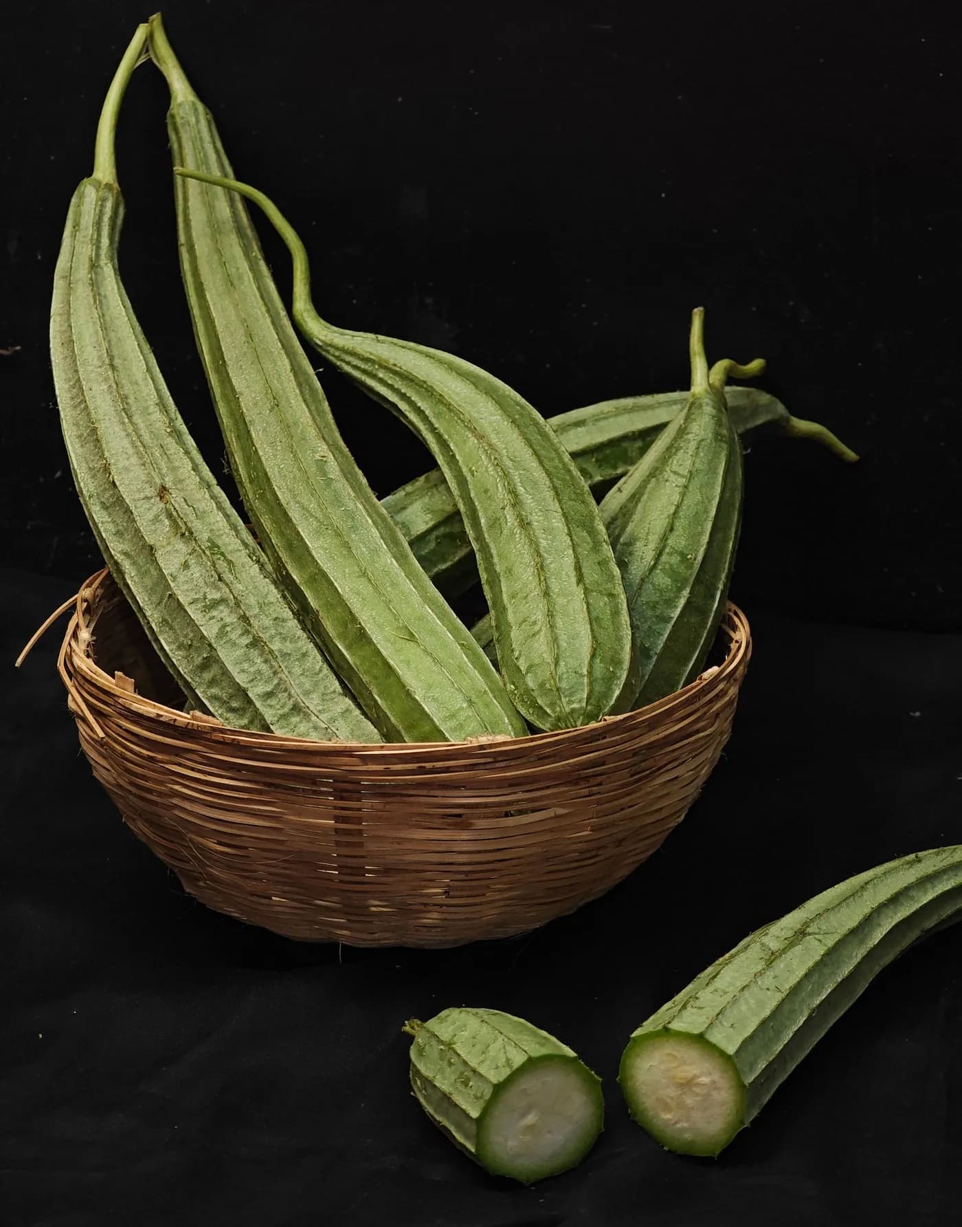 Ridge gourds gathered in a basket